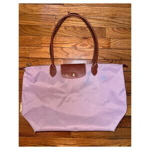 LONGCHAMP Large Le Pliage Light Purple/ Pink Brown Leather Zip Tote Bag USED